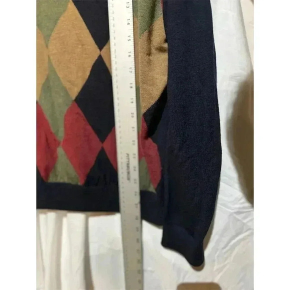 Eildon Hills Argyle Extrafine Merino Wool VNeck Sweater Multicolor  L Academia - Picture 9 of 9